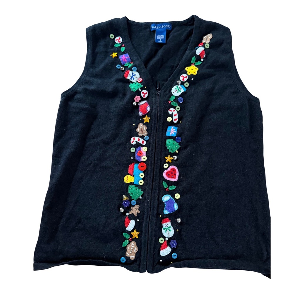 Karen Scott Christmas Sweater Vest Womens Small Black Embellished Holiday Zip Up